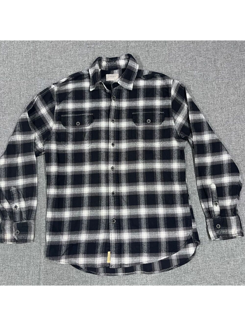 Jachs NY Mens Black White Plaid Thick Cotton Flannel Shirt Long Sleeve Button Up